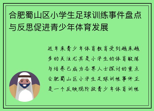 合肥蜀山区小学生足球训练事件盘点与反思促进青少年体育发展